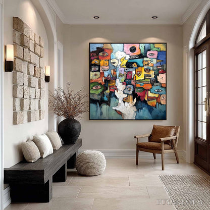 BUYARTVIEW Kaleidoscope of Souls – Large Colorful Abstract Faces Oil Painting - image 4