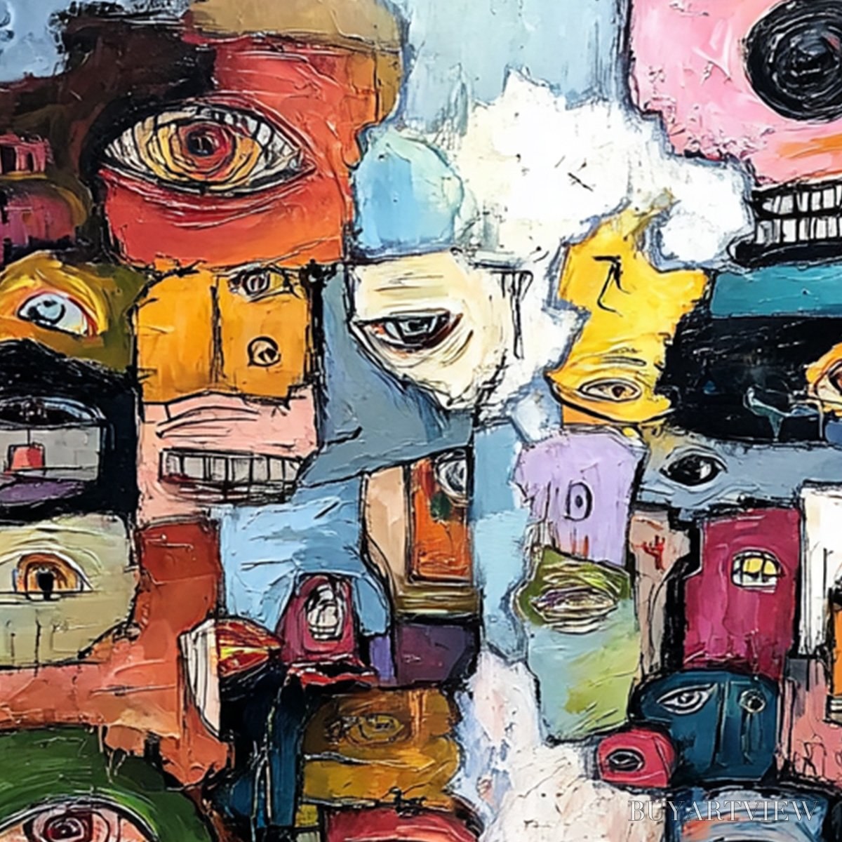BUYARTVIEW Kaleidoscope of Souls – Large Colorful Abstract Faces Oil Painting - image 5