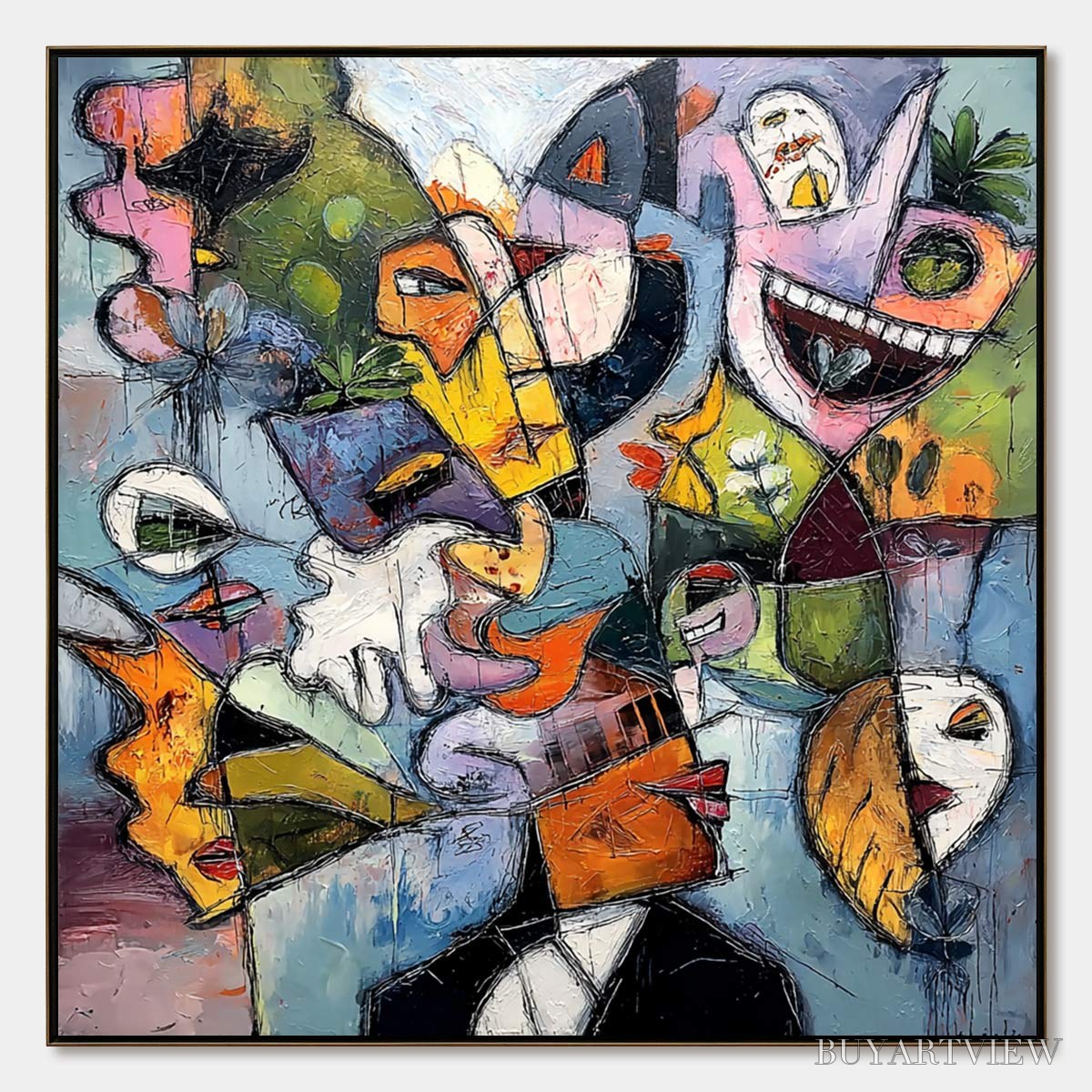 BUYARTVIEW Carnival of Souls – Large Colorful Abstract Faces Oil Painting - image 1