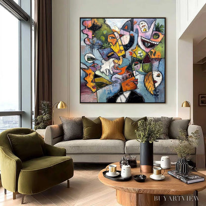 BUYARTVIEW Carnival of Souls – Large Colorful Abstract Faces Oil Painting - image 2