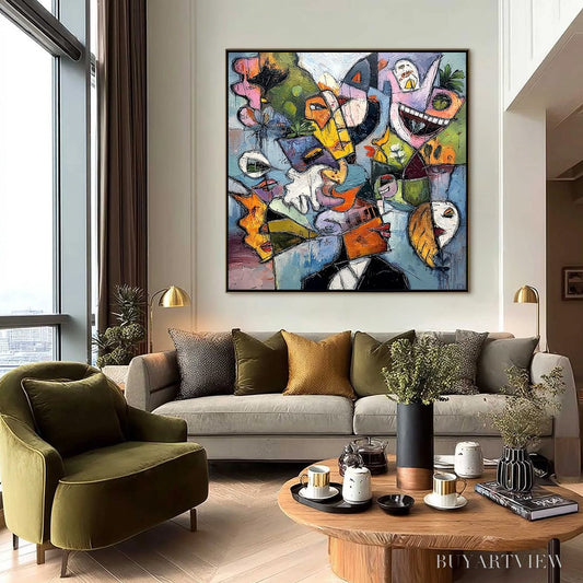 BUYARTVIEW Carnival of Souls – Large Colorful Abstract Faces Oil Painting - image 2
