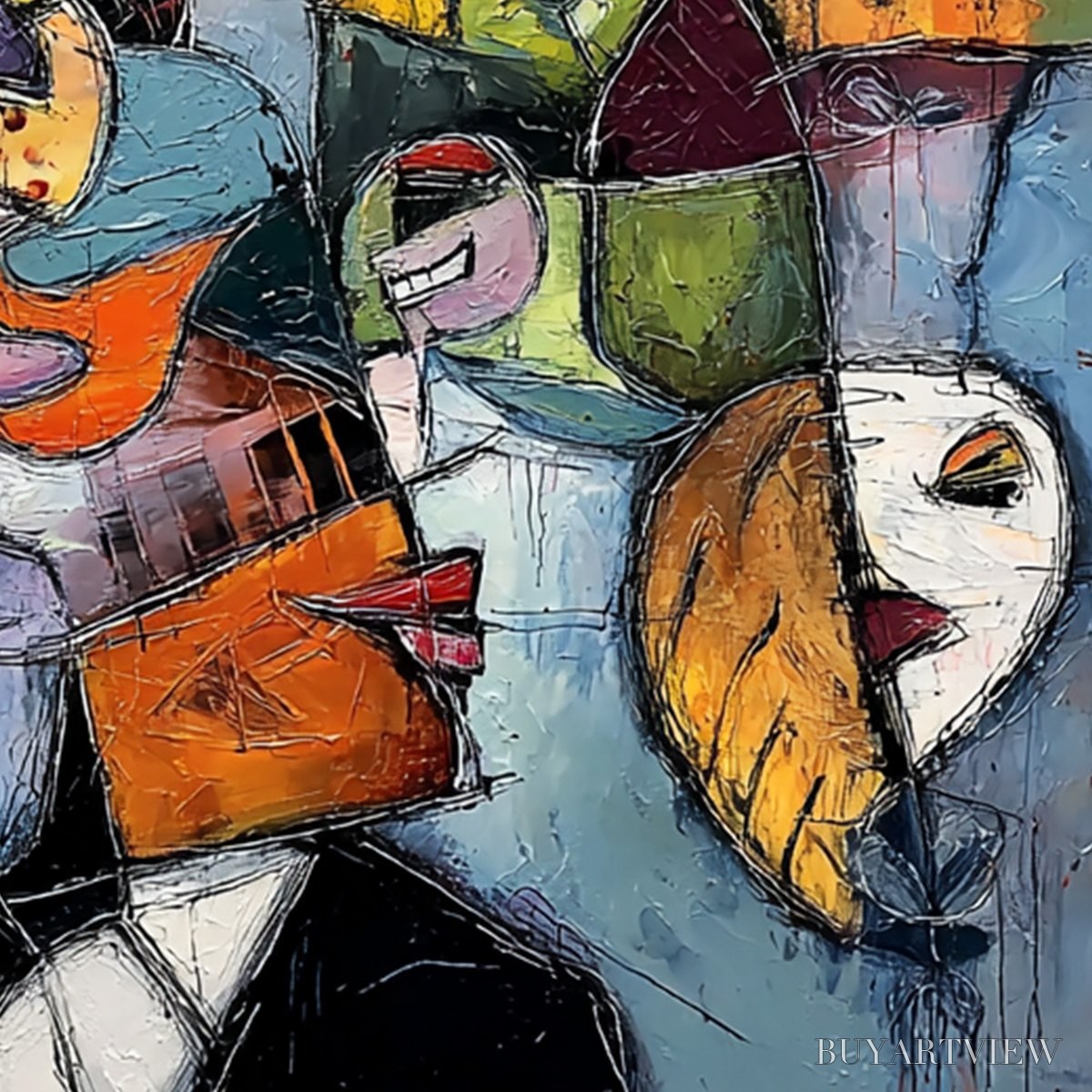 BUYARTVIEW Carnival of Souls – Large Colorful Abstract Faces Oil Painting - image 3