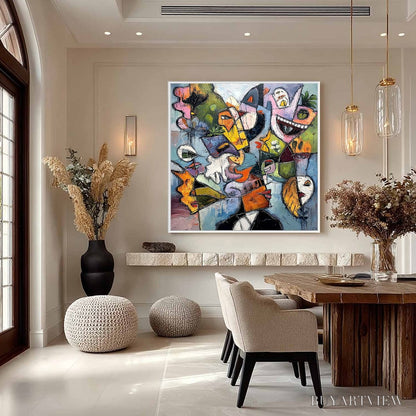 BUYARTVIEW Carnival of Souls – Large Colorful Abstract Faces Oil Painting - image 4