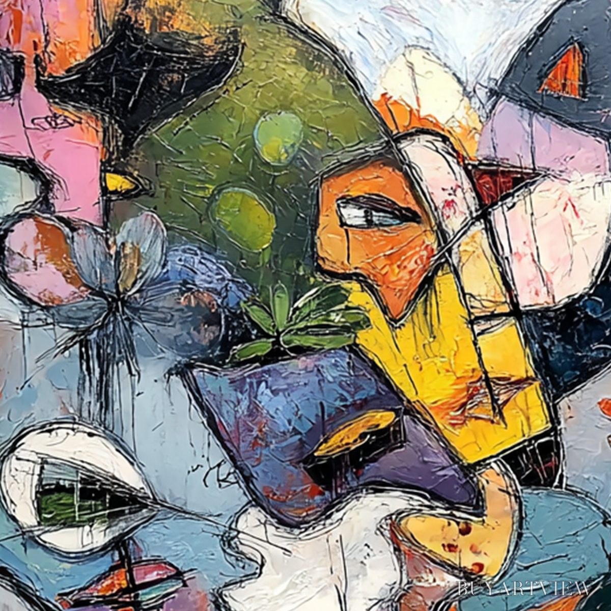 BUYARTVIEW Carnival of Souls – Large Colorful Abstract Faces Oil Painting - image 5