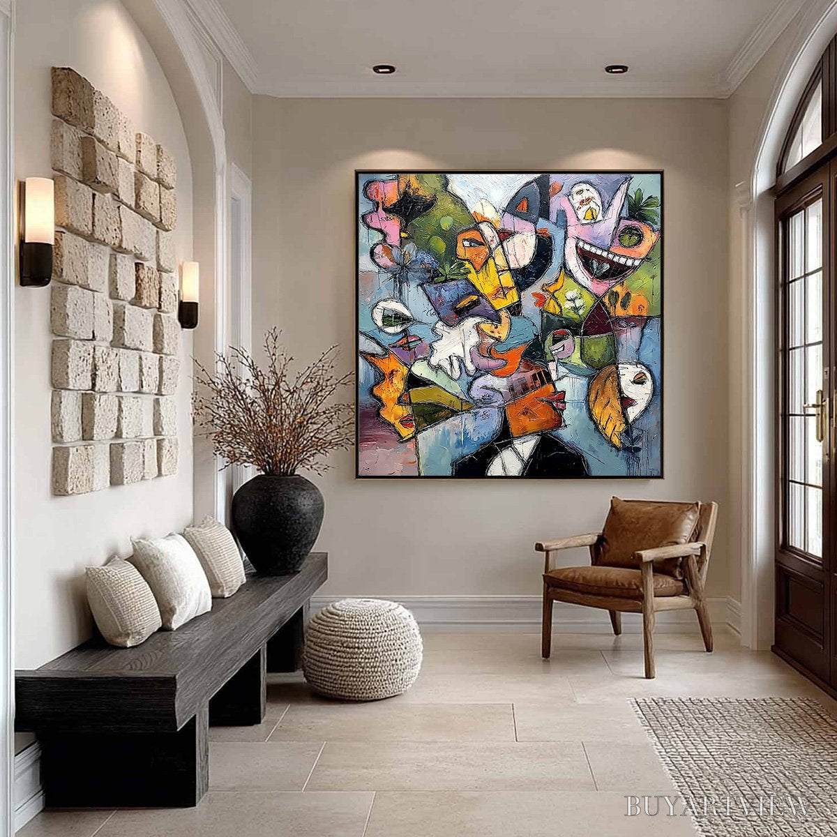 BUYARTVIEW Carnival of Souls – Large Colorful Abstract Faces Oil Painting - image 6