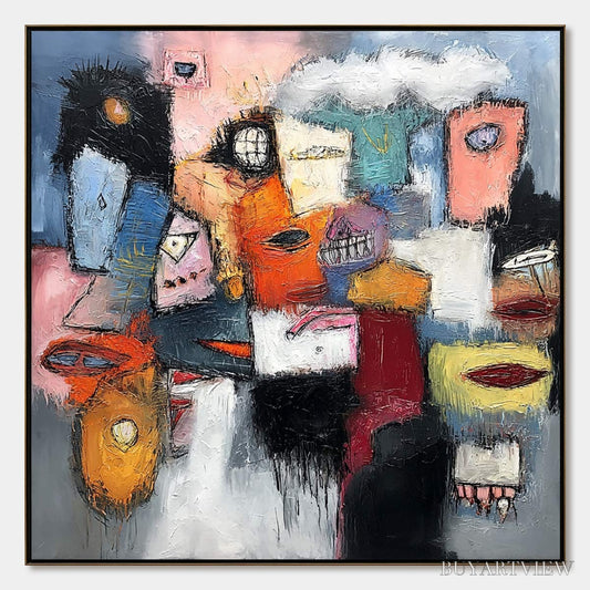 BUYARTVIEW the Gathering – Large Colorful Square Abstract Impasto - image 1