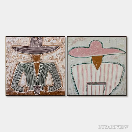 BUYARTVIEW Sombrero Duet – Textured Figurative Portrait Diptych - image 1
