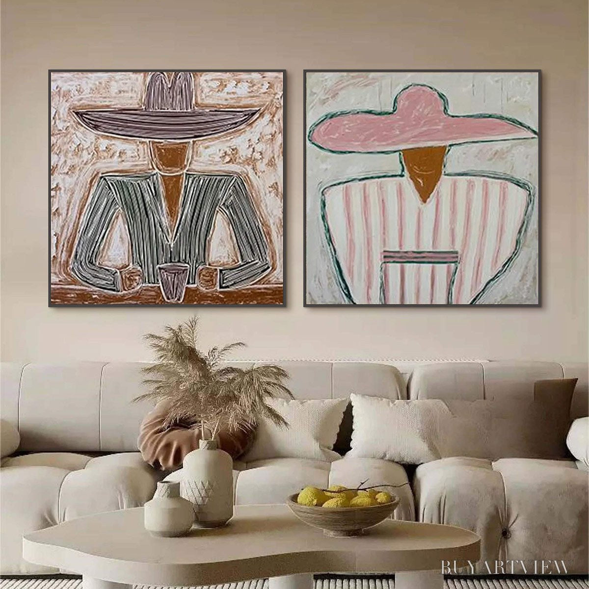 BUYARTVIEW Sombrero Duet – Textured Figurative Portrait Diptych - image 2