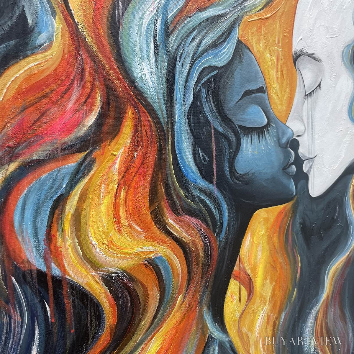 BUYARTVIEW Eternal Embrace – Colorful Portrait Oil Painting of Two Lovers - image 3