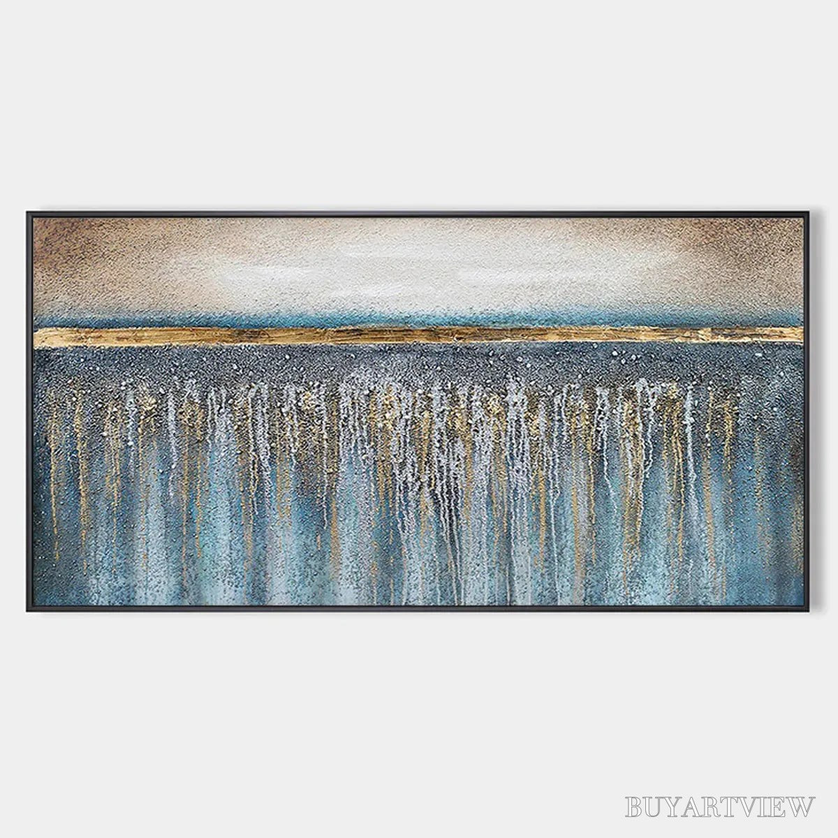 BUYARTVIEW Golden Horizon – Panoramic Abstract Oil Painting with Gold and Blue - image 1