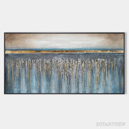 BUYARTVIEW Golden Horizon – Panoramic Abstract Oil Painting with Gold and Blue - image 1