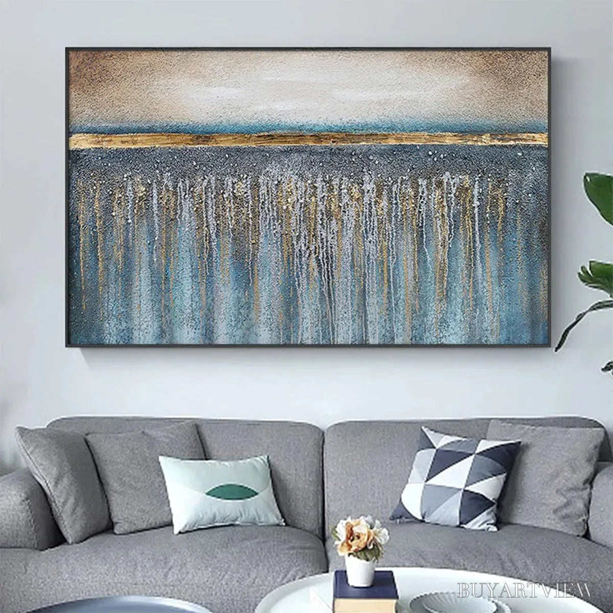BUYARTVIEW Golden Horizon – Panoramic Abstract Oil Painting with Gold and Blue - image 2
