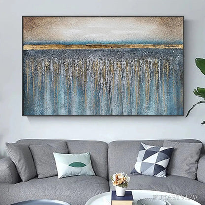 BUYARTVIEW Golden Horizon – Panoramic Abstract Oil Painting with Gold and Blue - image 2