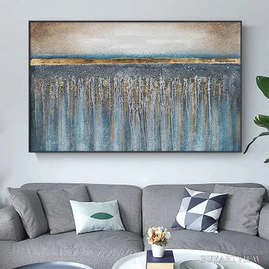 BUYARTVIEW Golden Horizon – Panoramic Abstract Oil Painting with Gold and Blue - image 2