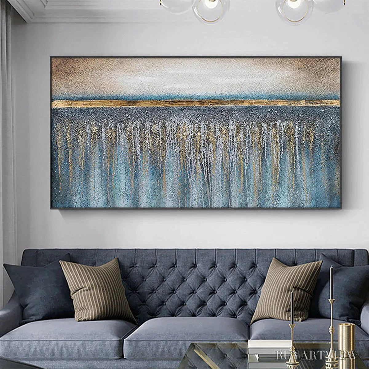 BUYARTVIEW Golden Horizon – Panoramic Abstract Oil Painting with Gold and Blue - image 4