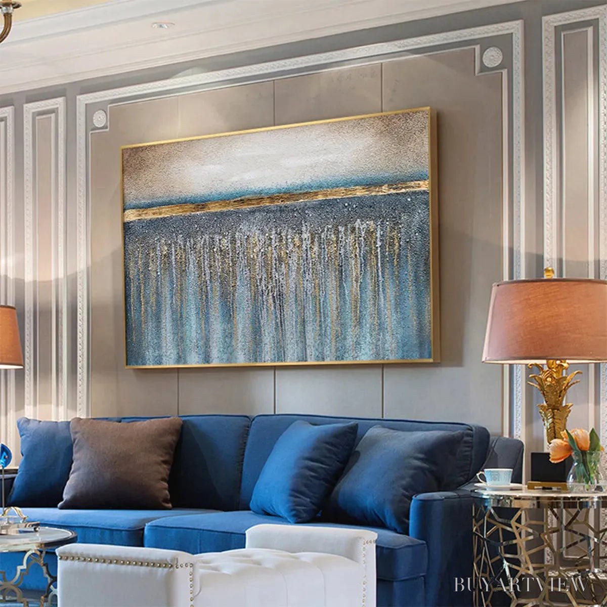 BUYARTVIEW Golden Horizon – Panoramic Abstract Oil Painting with Gold and Blue - image 5