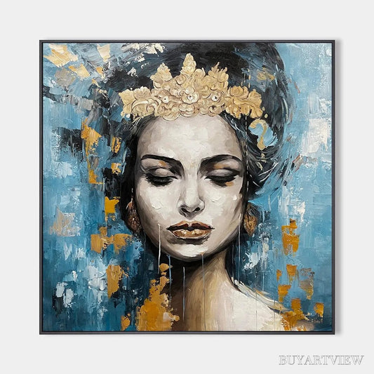 BUYARTVIEW Golden Muse – Portrait Painting in Blue and Gold, Square Canvas, Modern Figurative - image 1
