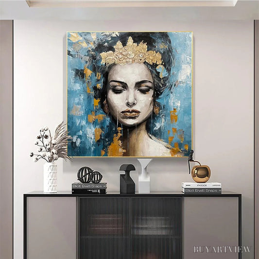 BUYARTVIEW Golden Muse – Portrait Painting in Blue and Gold, Square Canvas, Modern Figurative - image 2