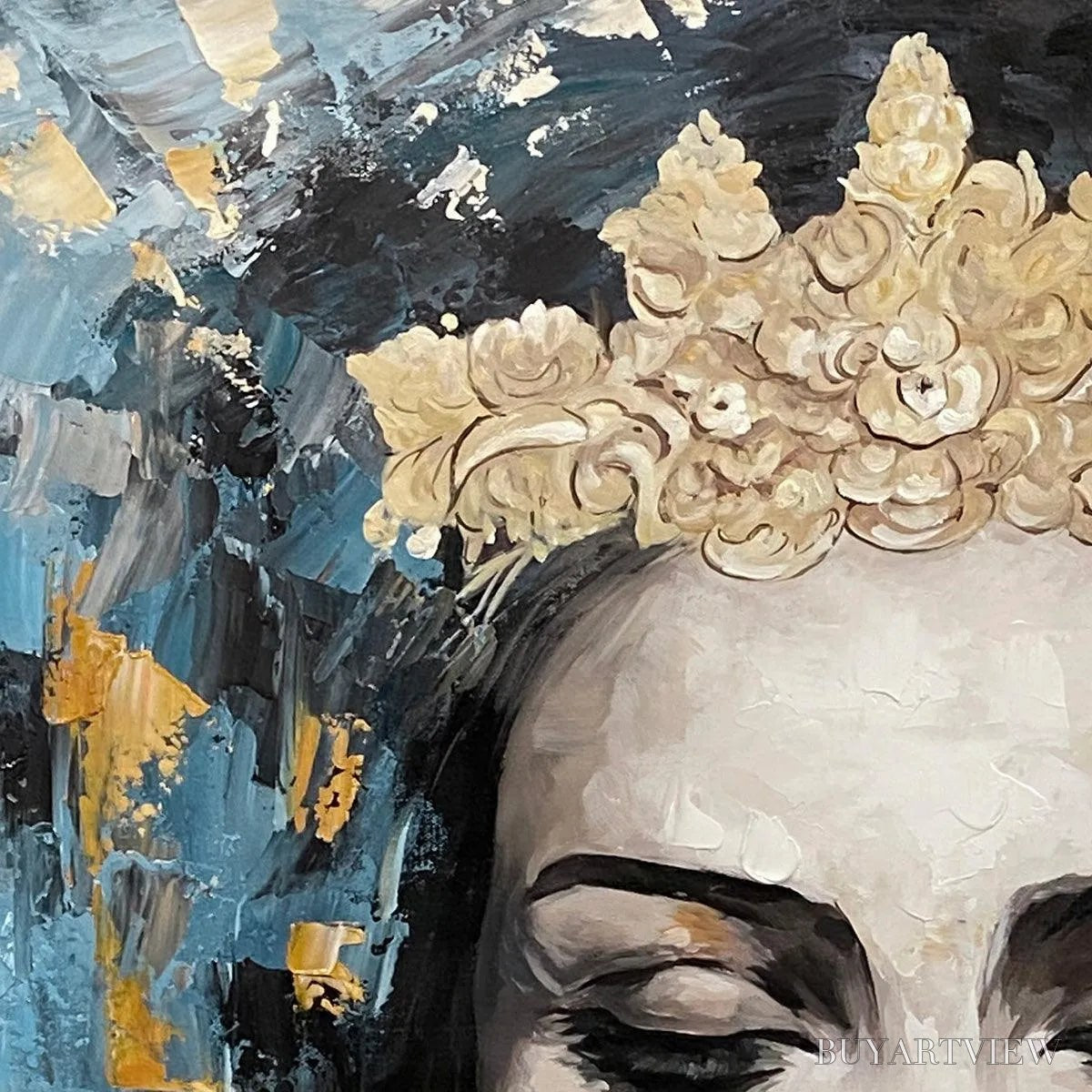 BUYARTVIEW Golden Muse – Portrait Painting in Blue and Gold, Square Canvas, Modern Figurative - image 3