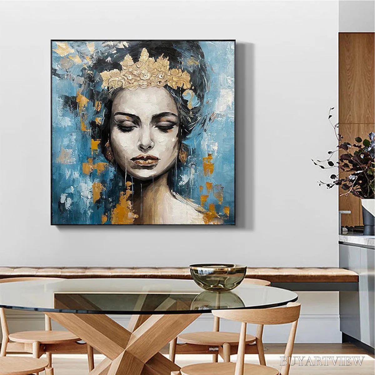 BUYARTVIEW Golden Muse – Portrait Painting in Blue and Gold, Square Canvas, Modern Figurative - image 4