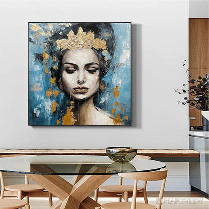 BUYARTVIEW Golden Muse – Portrait Painting in Blue and Gold, Square Canvas, Modern Figurative - image 4
