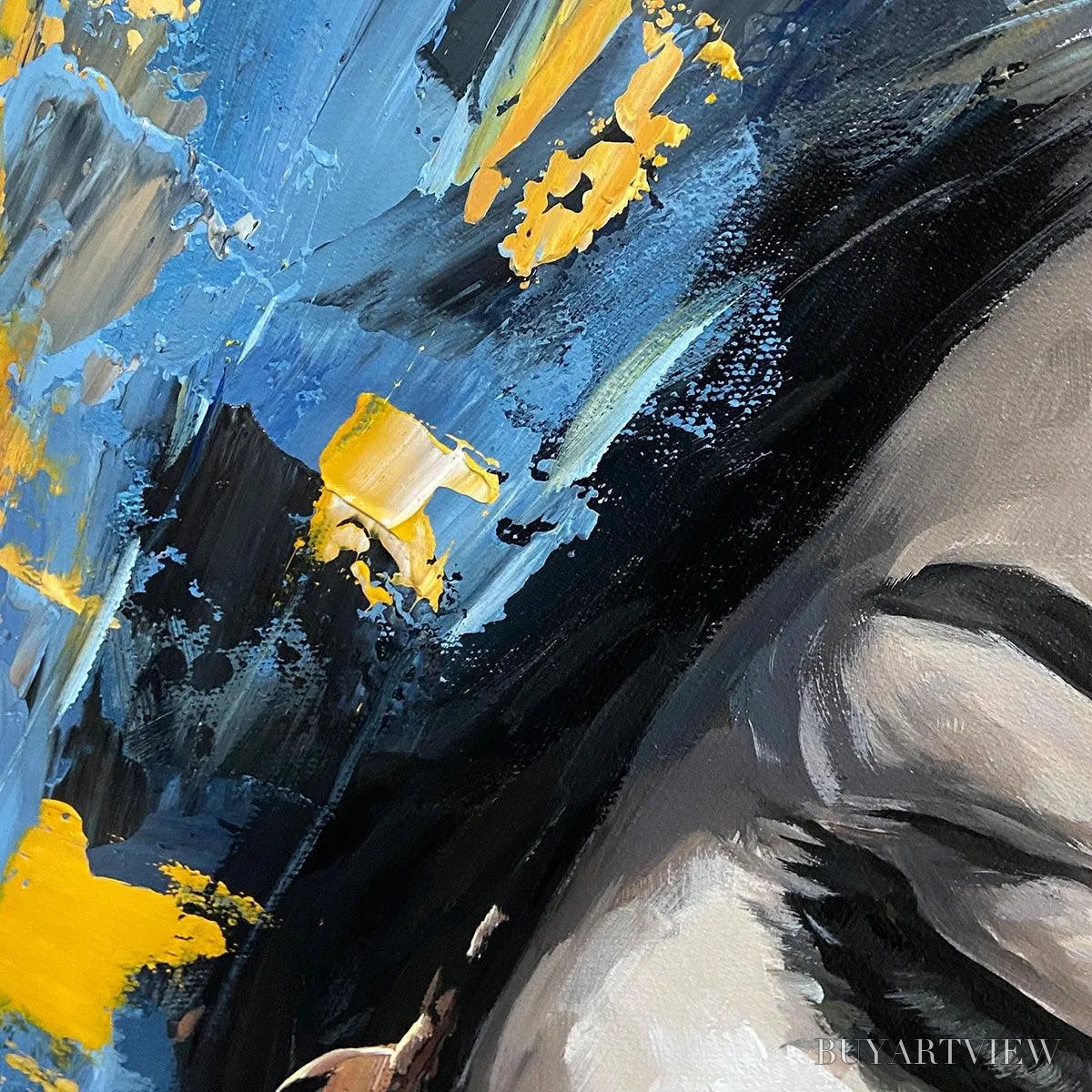 BUYARTVIEW Golden Muse – Portrait Painting in Blue and Gold, Square Canvas, Modern Figurative - image 5