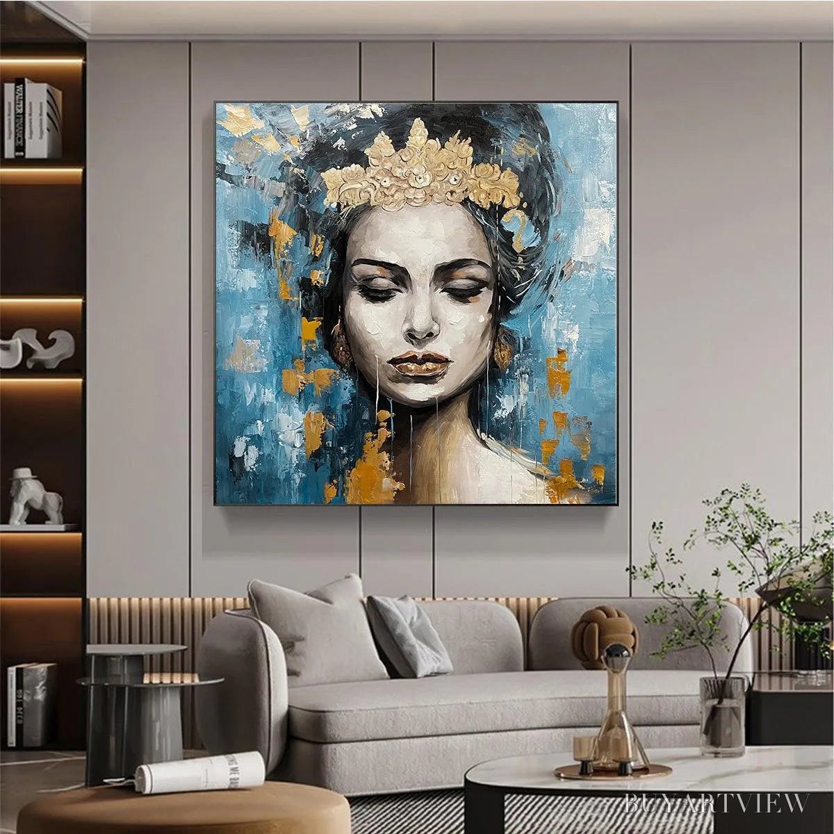 BUYARTVIEW Golden Muse – Portrait Painting in Blue and Gold, Square Canvas, Modern Figurative - image 6