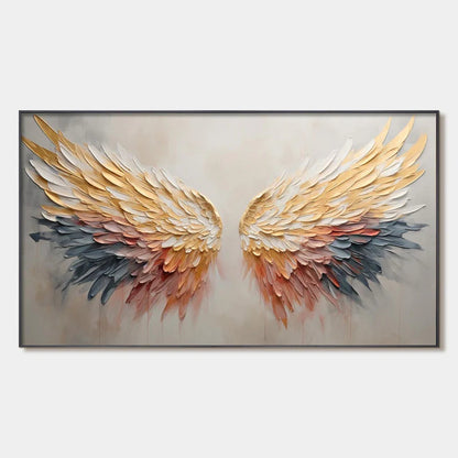 GOLDEN WINGS: Panoramic Angel Wings Painting, Textured Wall Art, Gold, Beige, Living Room, Bedroom