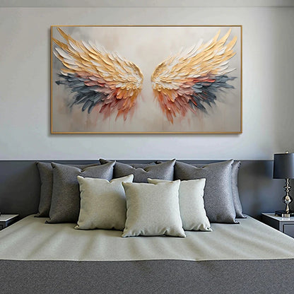 GOLDEN WINGS: Panoramic Angel Wings Painting, Textured Wall Art, Gold, Beige, Living Room, Bedroom