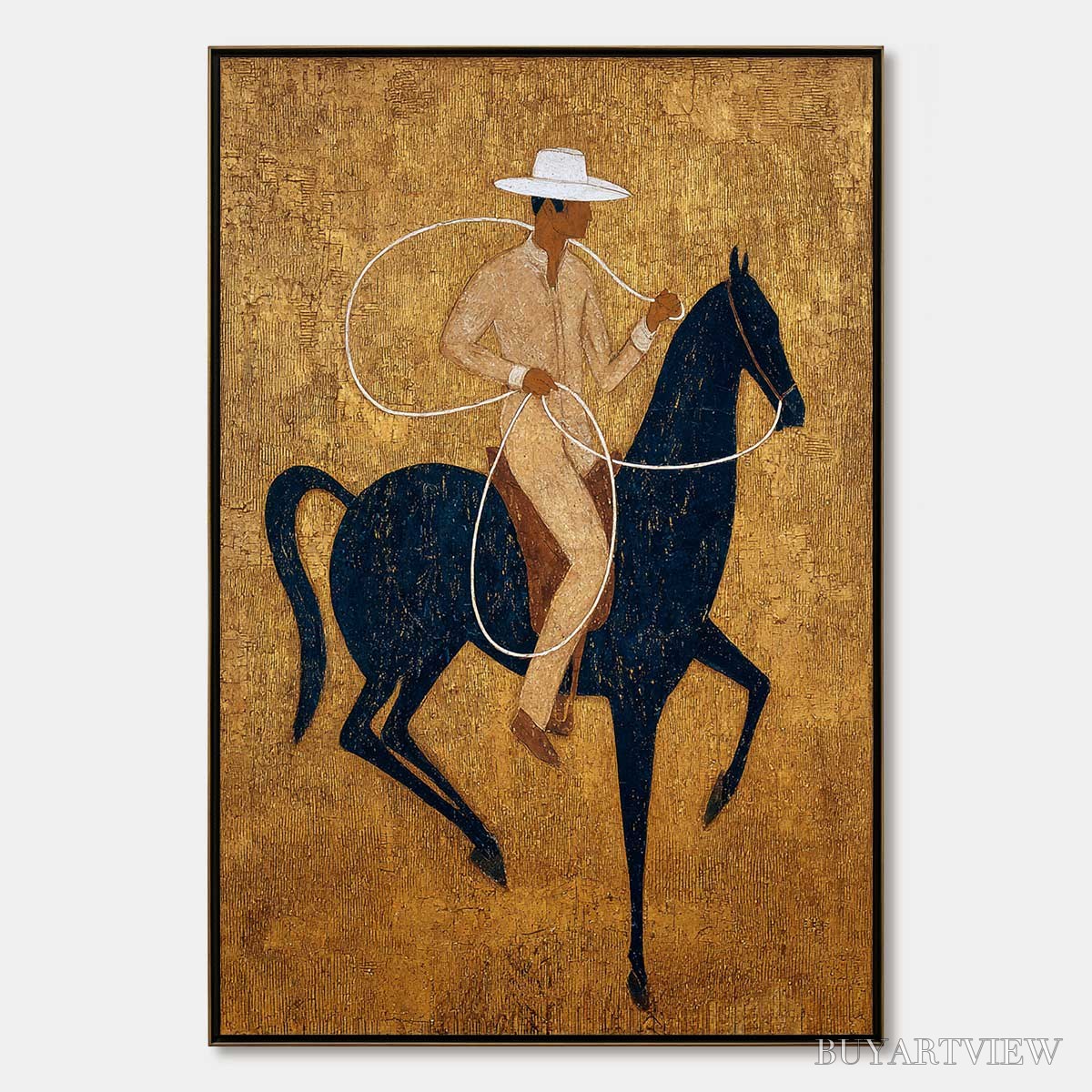 BUYARTVIEW Golden Lasso – Textured Wabi Sabi Painting of a Horseman - image 1