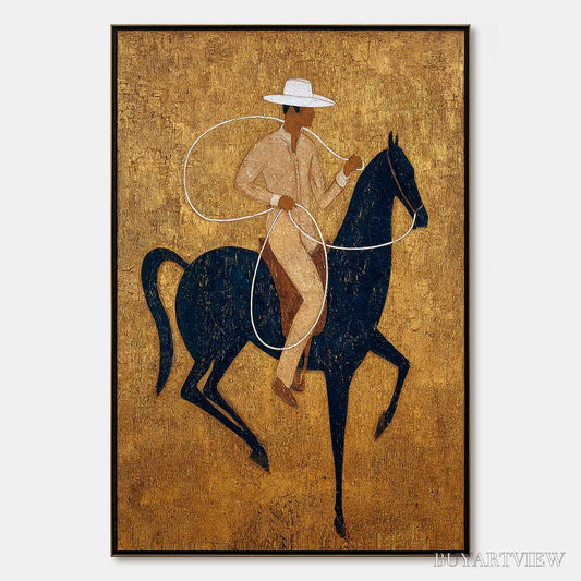 BUYARTVIEW Golden Lasso – Textured Wabi Sabi Painting of a Horseman - image 1