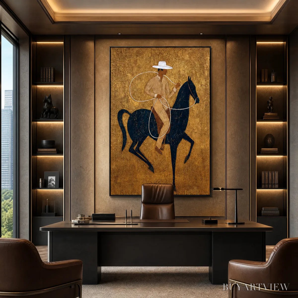 BUYARTVIEW Golden Lasso – Textured Wabi Sabi Painting of a Horseman - image 2