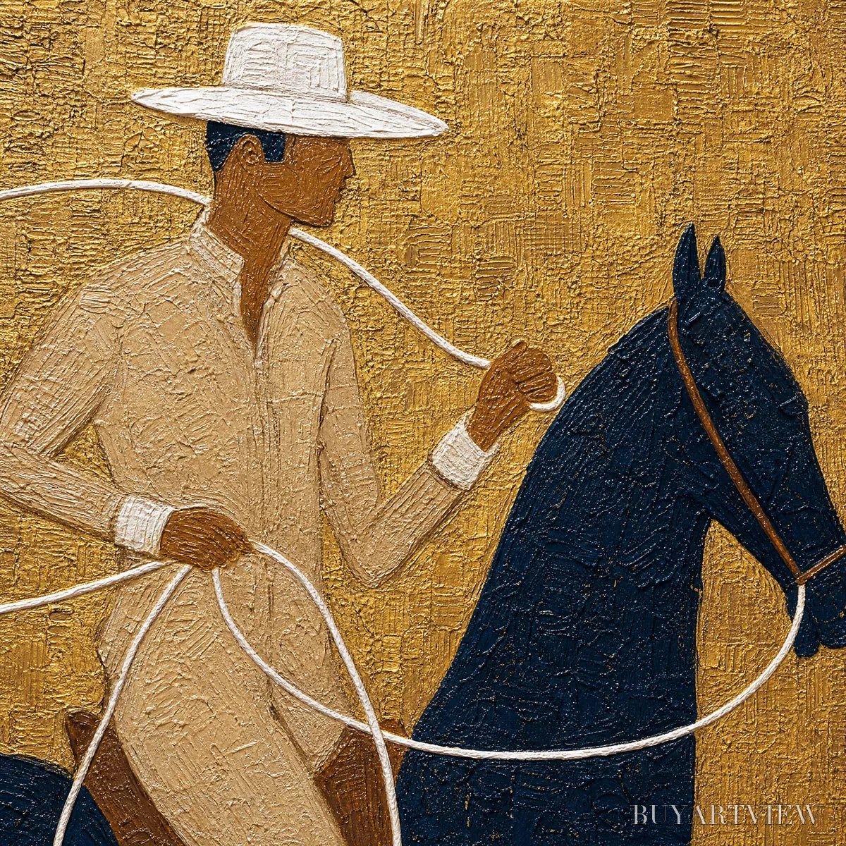 BUYARTVIEW Golden Lasso – Textured Wabi Sabi Painting of a Horseman - image 3