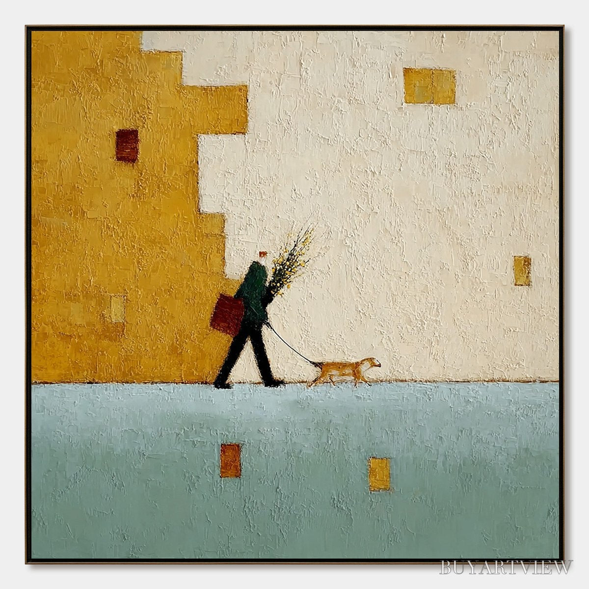 BUYARTVIEW Urban Stroll – Textured Minimalist Cityscape Painting of a Person Walking a Dog - image 1
