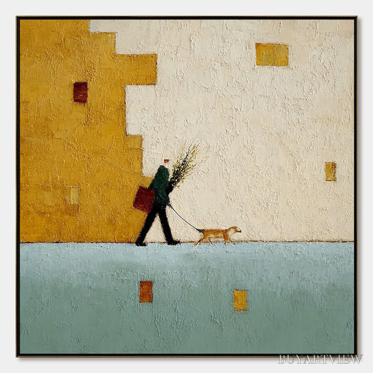 BUYARTVIEW Urban Stroll – Textured Minimalist Cityscape Painting of a Person Walking a Dog - image 1