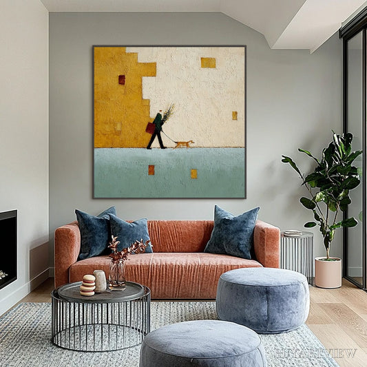 BUYARTVIEW Urban Stroll – Textured Minimalist Cityscape Painting of a Person Walking a Dog - image 2