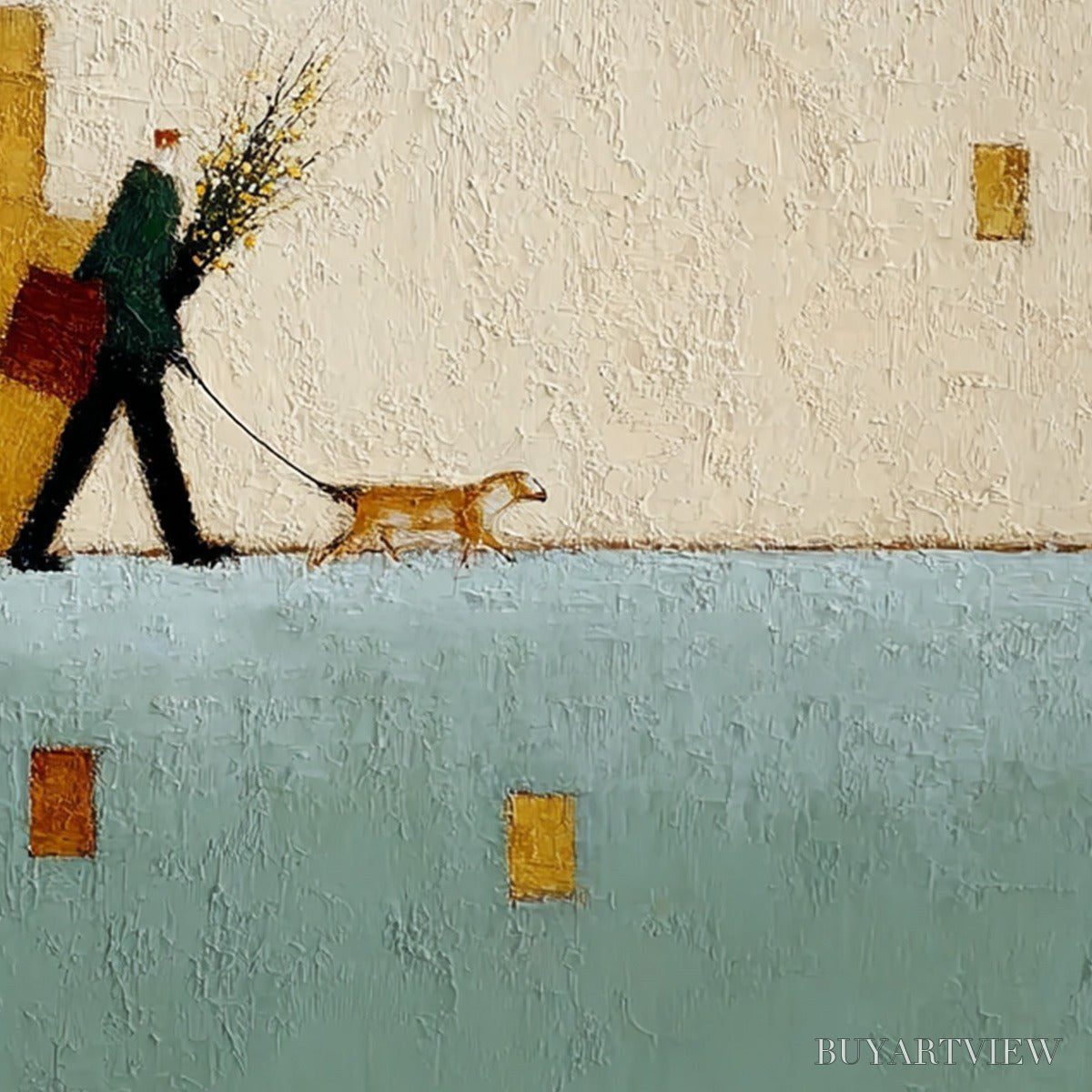 BUYARTVIEW Urban Stroll – Textured Minimalist Cityscape Painting of a Person Walking a Dog - image 3