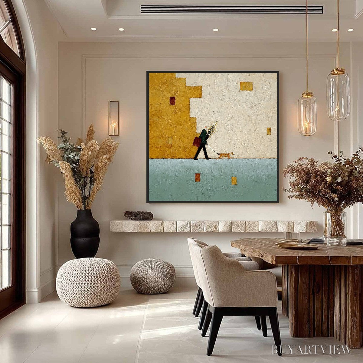 BUYARTVIEW Urban Stroll – Textured Minimalist Cityscape Painting of a Person Walking a Dog - image 4