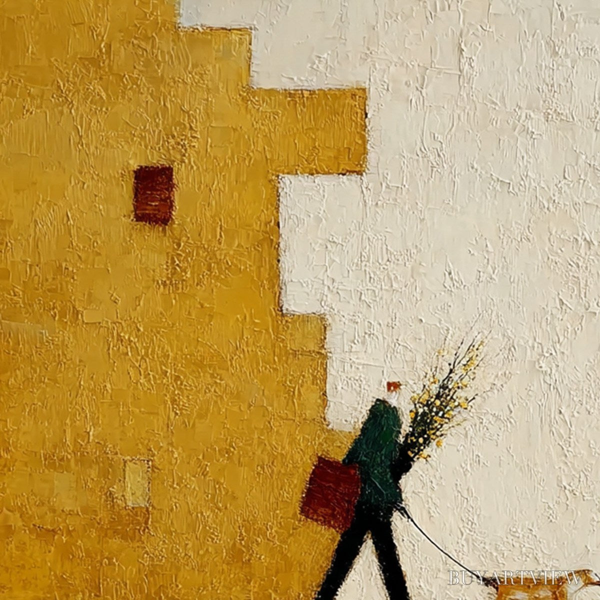 BUYARTVIEW Urban Stroll – Textured Minimalist Cityscape Painting of a Person Walking a Dog - image 5