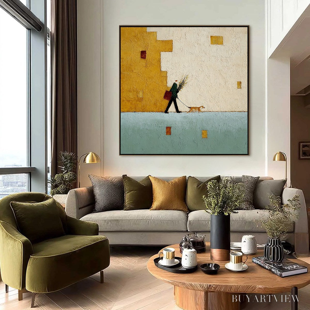 BUYARTVIEW Urban Stroll – Textured Minimalist Cityscape Painting of a Person Walking a Dog - image 6