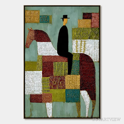 BUYARTVIEW the Patchwork Rider – Textured Figurative Painting of a Man on a Horse - image 1