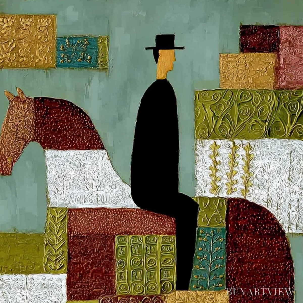 BUYARTVIEW the Patchwork Rider – Textured Figurative Painting of a Man on a Horse - image 3