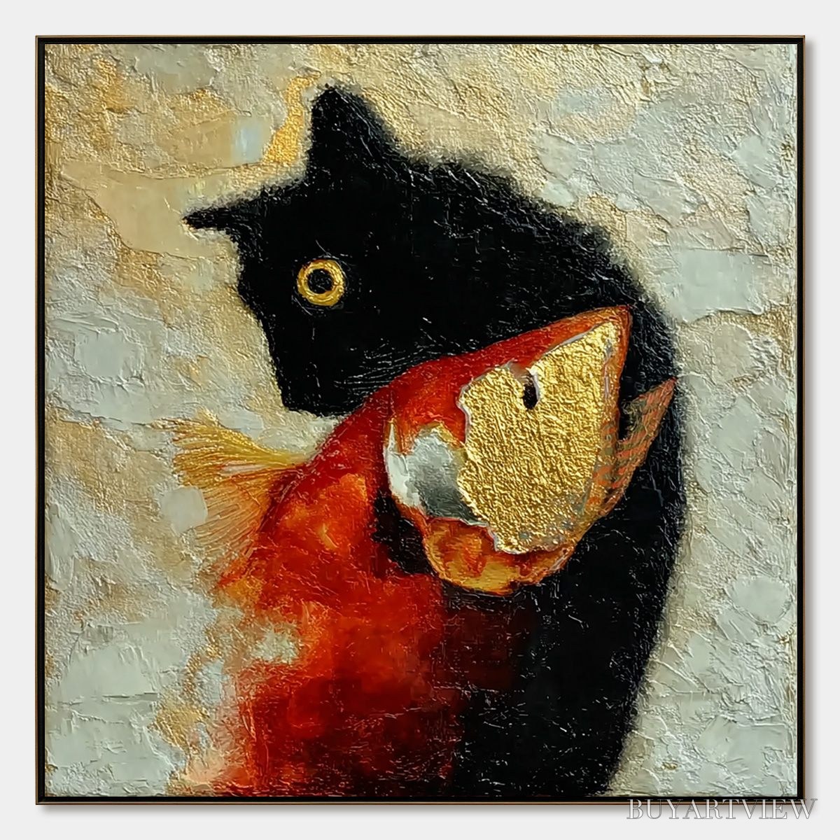 BUYARTVIEW the Golden Catch – Textured Impasto Painting of a Cat and Fish - image 1