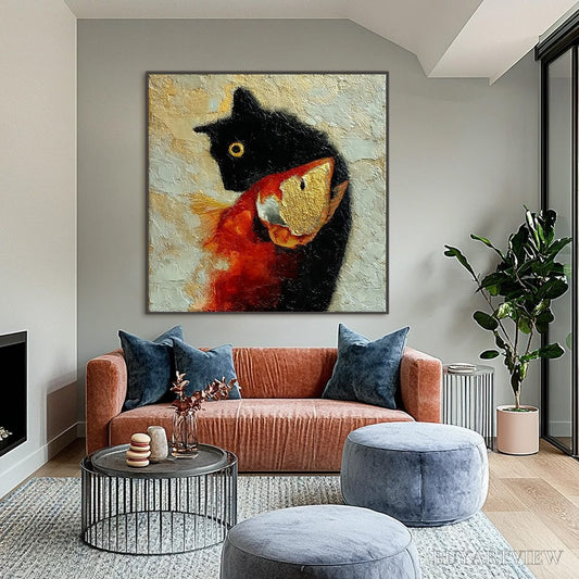 BUYARTVIEW the Golden Catch – Textured Impasto Painting of a Cat and Fish - image 2