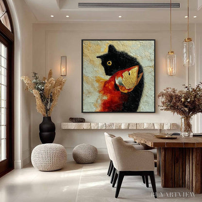 BUYARTVIEW the Golden Catch – Textured Impasto Painting of a Cat and Fish - image 4