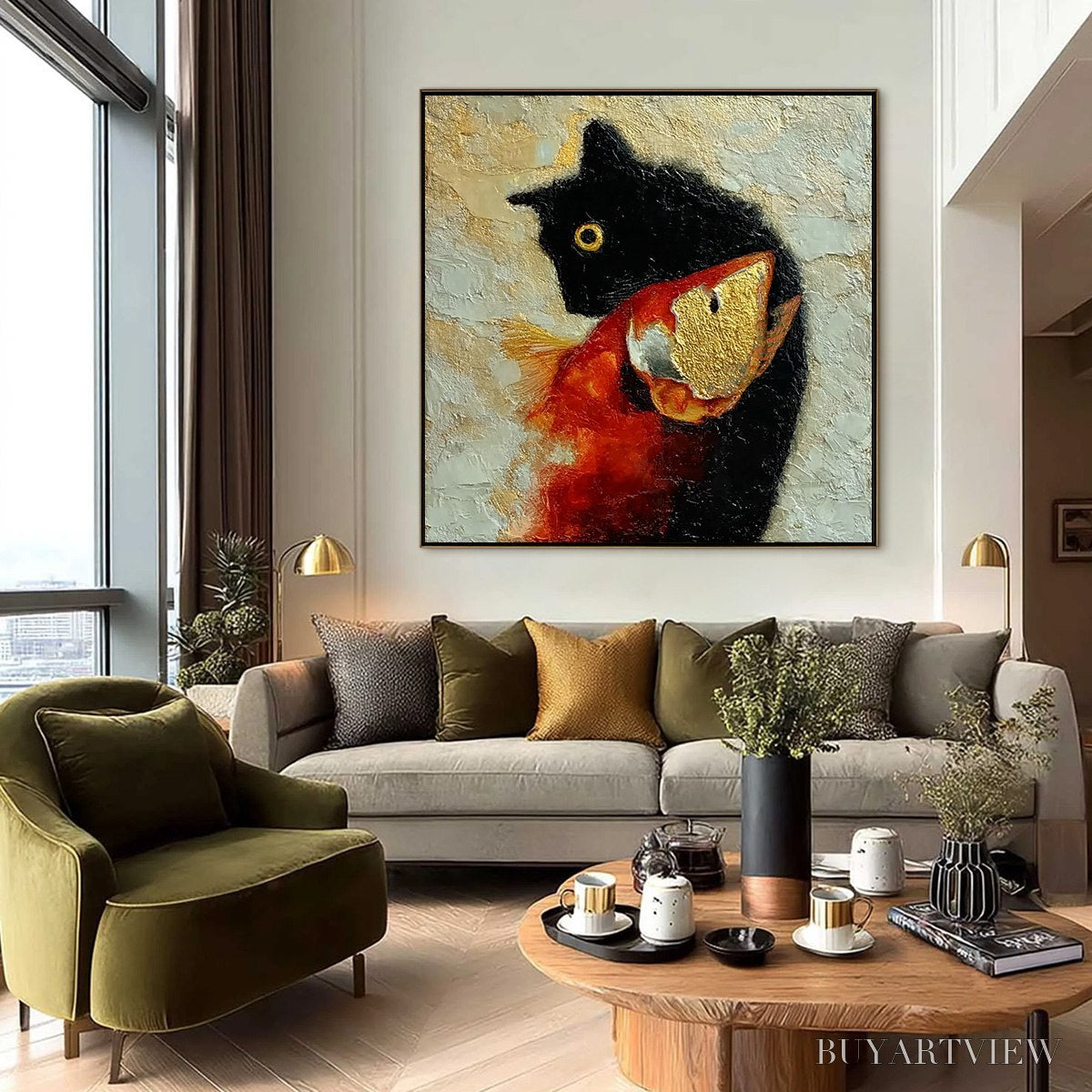 BUYARTVIEW the Golden Catch – Textured Impasto Painting of a Cat and Fish - image 6