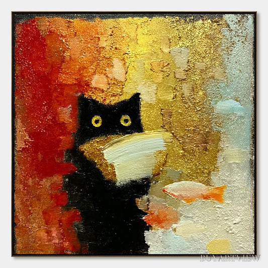 BUYARTVIEW the Midnight Scholar – Whimsical Textured Impasto Black Cat Painting - image 1