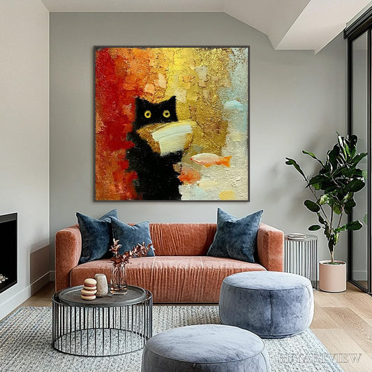 BUYARTVIEW the Midnight Scholar – Whimsical Textured Impasto Black Cat Painting - image 2