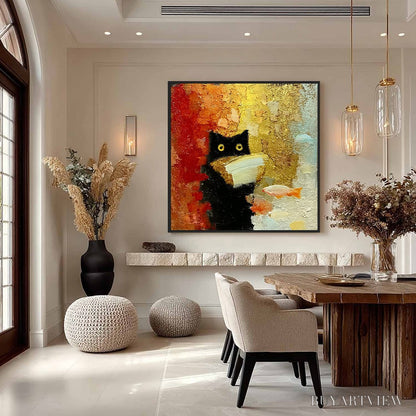 BUYARTVIEW the Midnight Scholar – Whimsical Textured Impasto Black Cat Painting - image 4