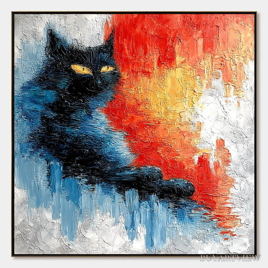BUYARTVIEW Ember Eyes – Textured Impasto Black Cat Painting on Canvas - image 1